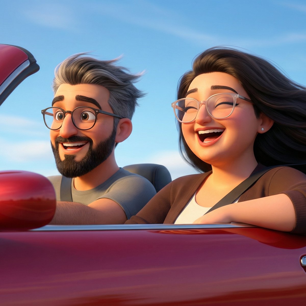 DreamWorks Couple Convertible Road Trip — 3D Cartoon Wind-in-Hair Scene example 2
