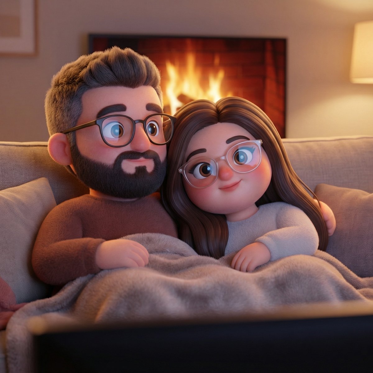 Soft Plush 3D Cartoon Couch Cuddle — Cozy Living Room TV Night Scene example 3
