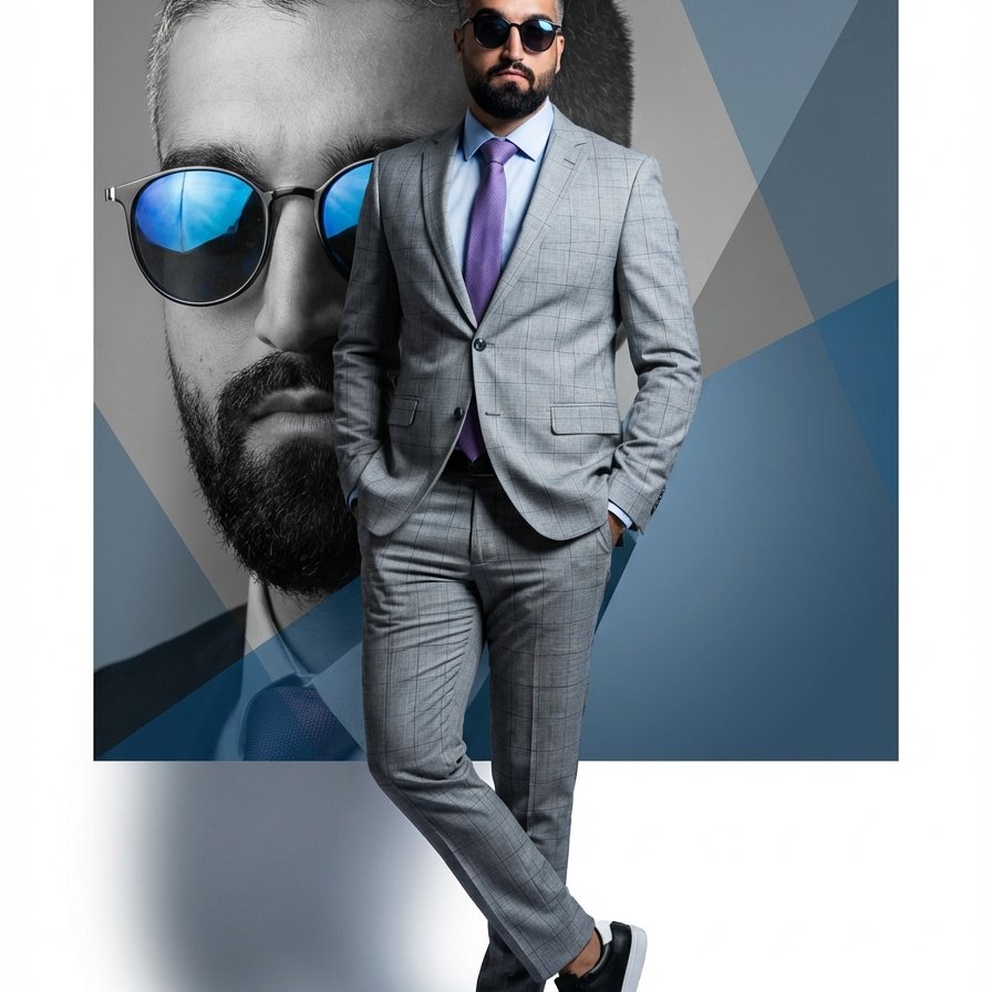 Fashion Double Portrait — Suit & Grayscale Backdrop from Your Selfie example 2