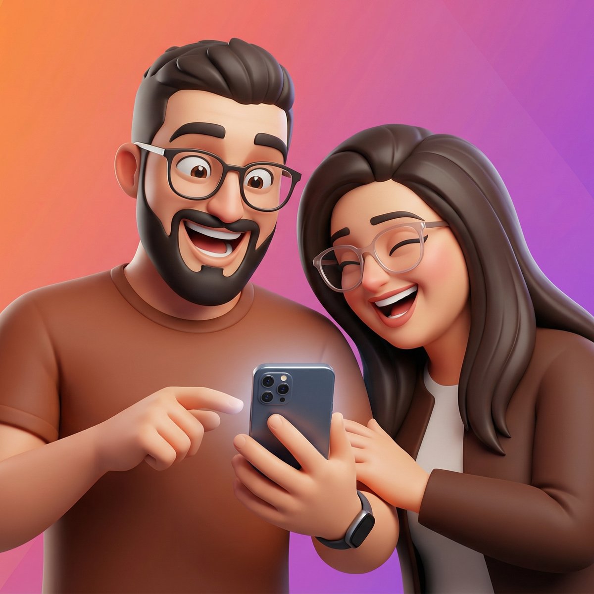 Commercial 3D Cartoon Couple Laughing at Phone — Polished Vibrant Ad Style example 3