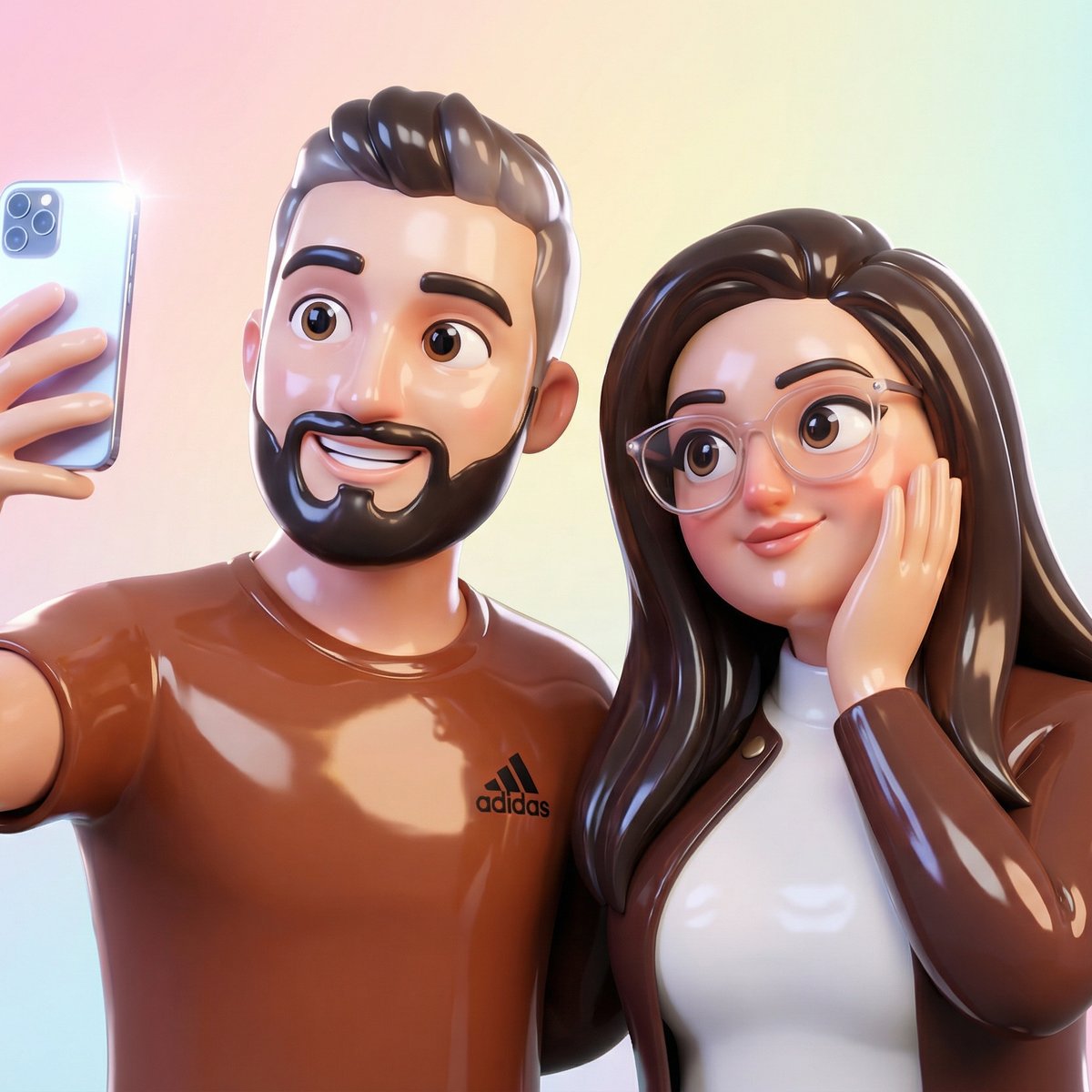 High-Gloss 3D Cartoon Couple Selfie — Porcelain Shine Character Style example 2